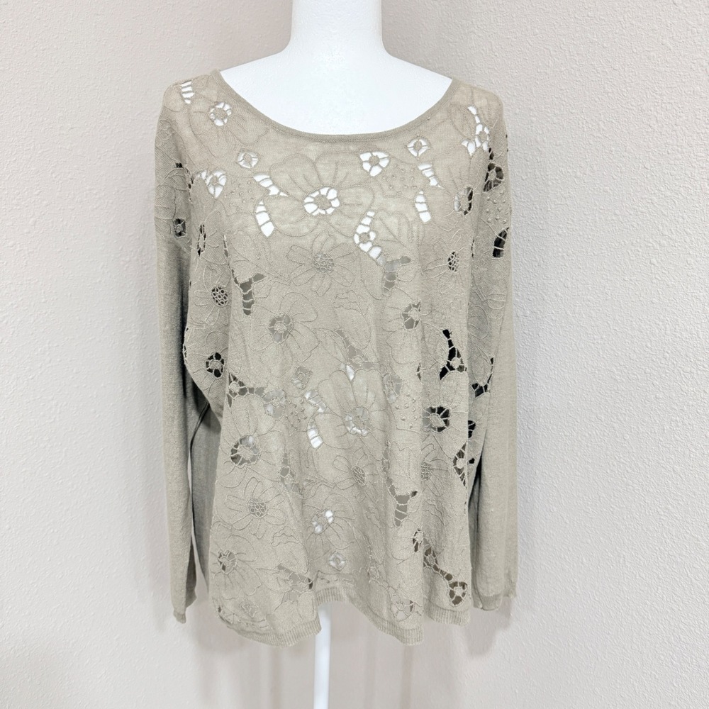 J.Jill Sweater L Taupe Linen Blend Floral Cutout Boho Coastal Minimalist